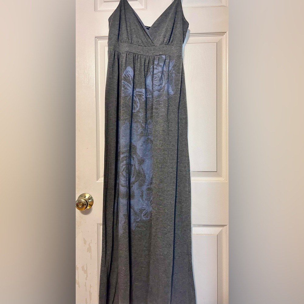 Rhapsody Gray Maxi Dress with Blue Floral Design